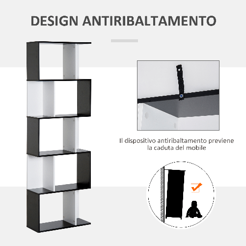 HOMCOM-Libreria-Moderna-5-Ripiani-Pratici-Finitura-Eccellente-Superficie-Liscia-e-a-Prova-di-Umidita-in-Legno-Truciolato-Nero-60×24×184.5cm
