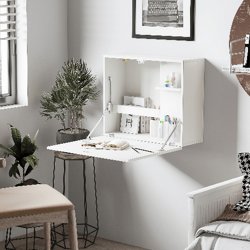 HOMCOM-Scrivania-a-Muro-Pieghevole-e-Salvaspazio-con-Ripiani-per-Casa-e-Ufficio-in-Truciolato-e-MDF-60x21.5x50-cm-Bianco