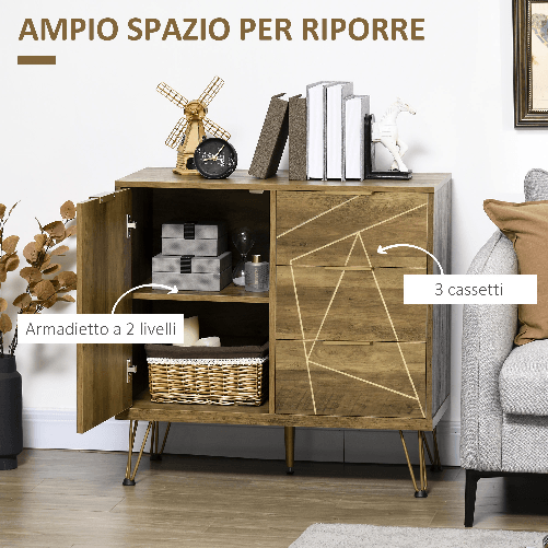 HOMCOM-Mobile-Multiuso-con-Armadietto-e-3-Cassetti-in-Legno-e-Acciaio-84x39x80.7cm-Bronzo