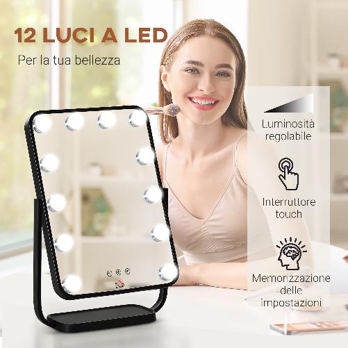 HOMCOM-Specchio-Trucco-Illuminato-Inclinabile-con-12-Luci-LED-e-Luminosita-Regolabile-32.8Lx11x47.4cm