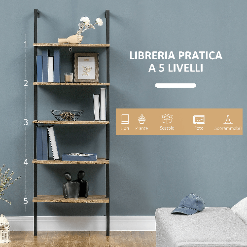 HOMCOM-Libreria-a-Scala-con-5-Ripiani-in-Stile-Industriale-in-Legno-e-Metallo-60x30x184.5cm-Marrone