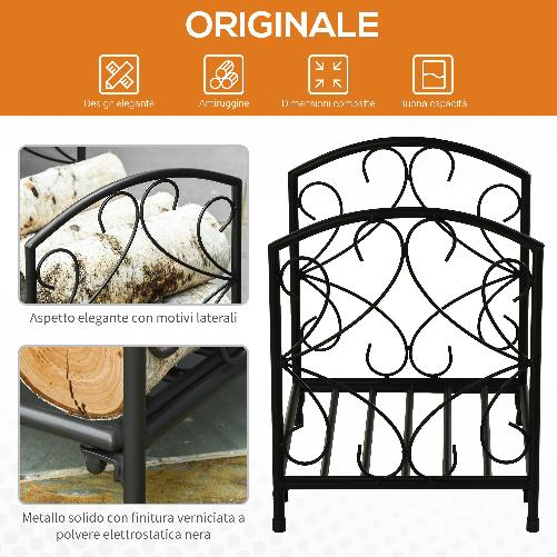 Outsunny-Portalegna-per-Camino-da-Interno-ed-Esterno-in-Metallo-con-Base-Rialzata-per-50kg-di-Legna-39.5x31.5x39.5cm---Nero