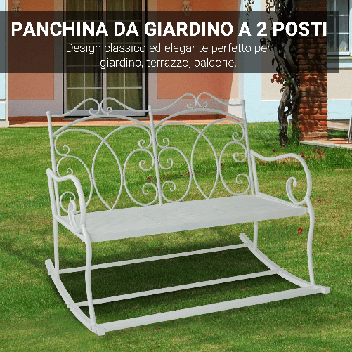 Outsunny-Panchina-a-Dondolo-da-Esterno-Dondolo-2-Posti-Biposto-da-Giardino-stile-Shabby-in-Metallo-103-x-74.5-x-88cm-Bianco