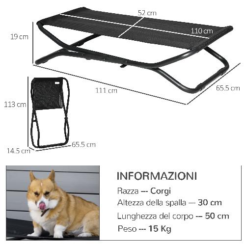 PawHut-Brandina-per-Cani-di-Taglia-Piccola-e-Media-Rialzata-in-Acciaio-e-Tessuto-Traspirante-111x65.5x19cm-Nero