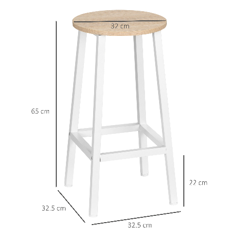 HOMCOM-Set-2-Sgabelli-da-Cucina-in-Truciolato-e-Acciaio-con-Piano-Liscio-e-Poggiapiedi-32.5x32.5x65-cm-Bianco-e-Legno