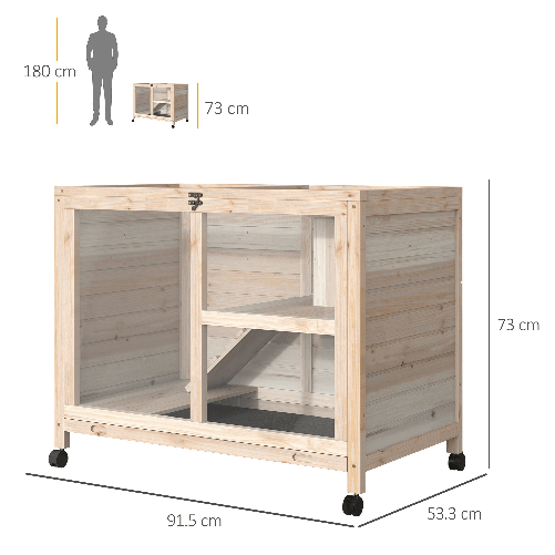 PawHut-Conigliera-in-Legno-a-2-Piani-con-Casetta-Rampa-e-Vassoio-Estraibile-91.5x53.3x73cm---Legno