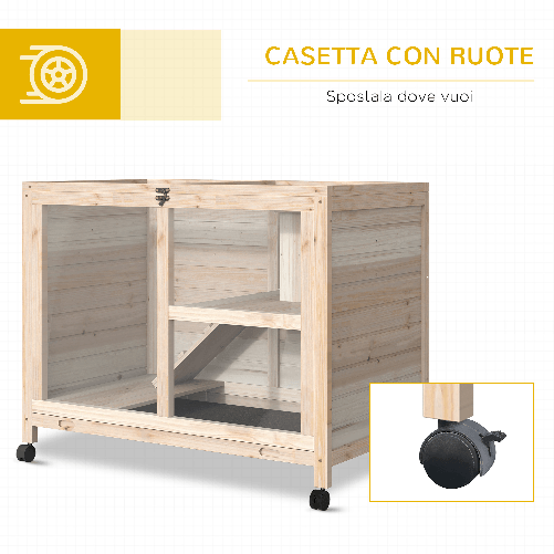 PawHut-Conigliera-in-Legno-a-2-Piani-con-Casetta-Rampa-e-Vassoio-Estraibile-91.5x53.3x73cm---Legno