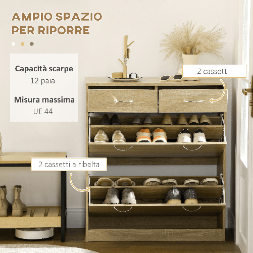 HOMCOM-Mobile-Scarpiera-in-Truciolato-con-2-Ripiani-Interni-Regolabili-e-2-Cassetti-80x30x91.5-cm