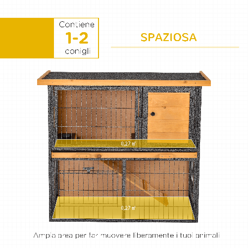 PawHut-Gabbia-per-Conigli-con-Rampa-e-Area-Aperta-Conigliera-in-Legno-e-Metallo-su-2-Livelli-Giallo-Chiaro-89.5x45x81cm