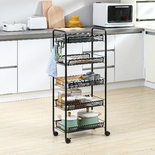 HOMCOM-Carrello-da-Cucina-Salvaspazio-a-5-Livelli-con-Cestini-a-Rete-in-Acciaio-45x26.5x106cm-Nero