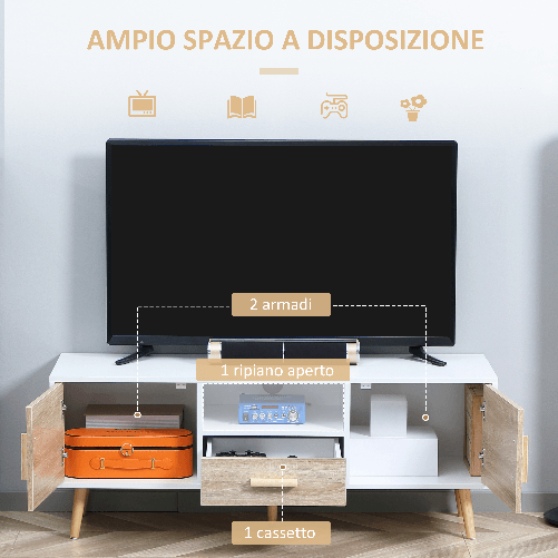 HOMCOM-Mobile-TV-Basso-per-TV-max-46--con-Ripiano-Aperto-Cassetto-e-2-Armadietti-in-Truciolato-e-Pino-140x40x55.3-cm