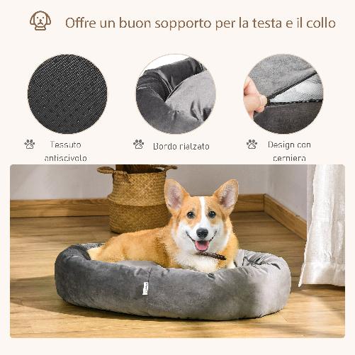 PawHut-Cuccia-per-Cani-Imbottita-con-Bordi-Rialzati-e-Cuscino-Rivestimento-in-Velluto-Sfoderabile-81.5x58x18cm---Grigio-Scuro