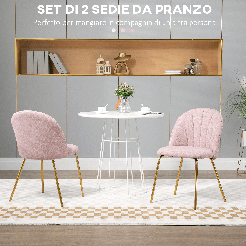 HOMCOM-Set-di-2-Sedie-da-Pranzo-in-Tessuto-effetto-Lino-con-Gambe-in-Acciaio-55.5x59x81-cm-Rosa-e-Oro