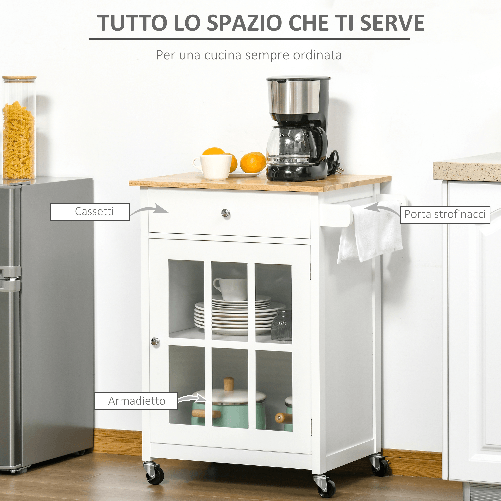 HOMCOM-Carrello-da-Cucina-Multiuso-con-4-Ruote-in-Legno-Bianco-67x48x86.5cm