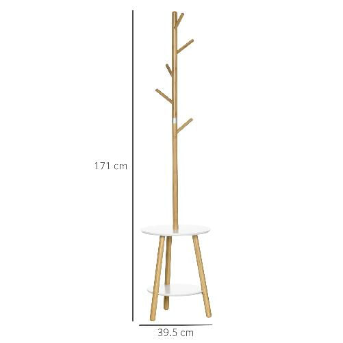 HOMCOM-Appendiabiti-da-Terra-per-Ingresso-in-MDF-e-Alluminio-con-5-Ganci-in-Bambu-e-Tavolino-Rotondo-39.5x39.5x171-cm