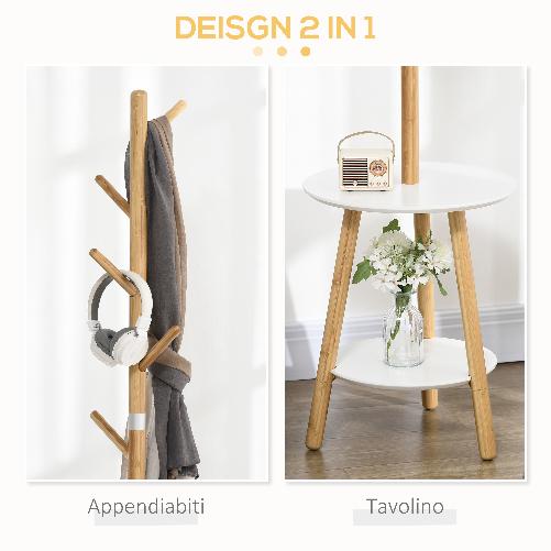 HOMCOM-Appendiabiti-da-Terra-per-Ingresso-in-MDF-e-Alluminio-con-5-Ganci-in-Bambu-e-Tavolino-Rotondo-39.5x39.5x171-cm