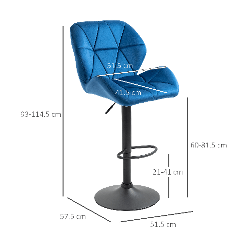 HOMCOM-Set-2-Sgabelli-da-Bar-Girevoli-con-Altezza-Regolabile-Rivestimento-Velluto-e-Base-Rotonda-51.5x57.5x93-114.5cm-Blu