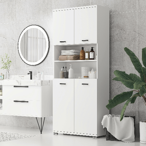 kleankin-Mobile-Bagno-in-Truciolato-Bianco-con-2-Armadietti-con-Ante-e-2-Ripiani-Aperti-80x33.5x190-cm