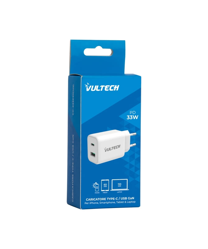 Vultech-Caricatore-Adattatore-Universale-1-Porta-Type-C-1-Porta-Usb-Pd33-Qc-3.0-Gan-33W-Pps-Bianco