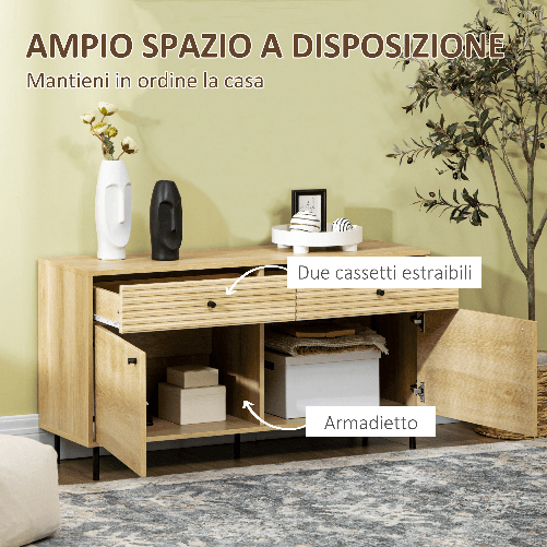 HOMCOM-Mobiletto-Basso-in-Truciolato-e-Acciaio-da-Cucina-e-Soggiorno-con-2-Cassetti-e-Armadietto-120x39.5x64-cm