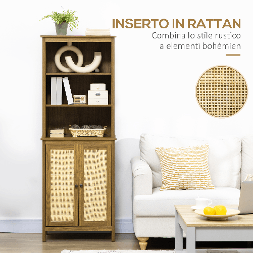 HOMCOM-Mobile-Libreria-Stile-Boho-in-Legno-con-3-Ripiani-e-Armadietto-a-2-Ante-60x34.5x162-cm