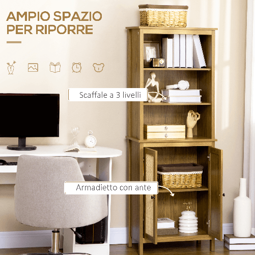 HOMCOM-Mobile-Libreria-Stile-Boho-in-Legno-con-3-Ripiani-e-Armadietto-a-2-Ante-60x34.5x162-cm