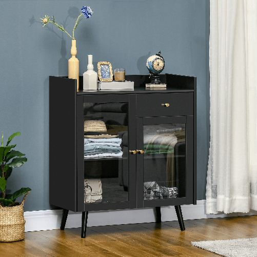 HOMCOM-Armadietto-Due-Ante-con-Ripiano-Regolabile-e-Spazi-Aperti-in-MDF-e-Legno-80x40x94.3-cm-Nero
