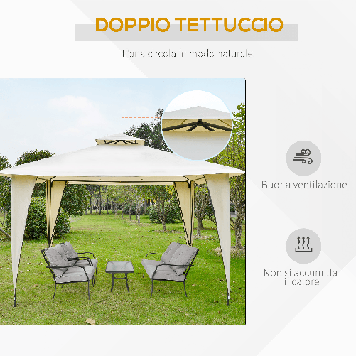 Outsunny-Gazebo-da-Giardino-3.5x3.5m-in-Metallo-e-Poliestere-Beige-con-Doppio-Tettuccio