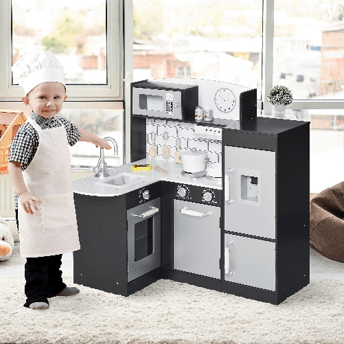 HOMCOM-Cucina-Giocattolo-per-Bambini-in-Legno-con-14-Accessori-Forno-Lavandino-Frigo-e-Microonde-Eta-3--Anni-86x64x84.5cm-Argento-e-Marrone