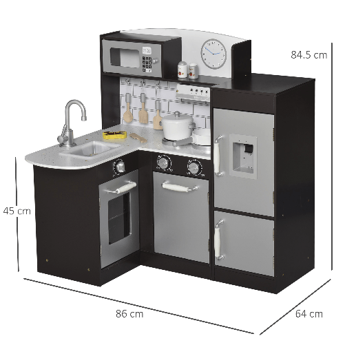 HOMCOM-Cucina-Giocattolo-per-Bambini-in-Legno-con-14-Accessori-Forno-Lavandino-Frigo-e-Microonde-Eta-3--Anni-86x64x84.5cm-Argento-e-Marrone