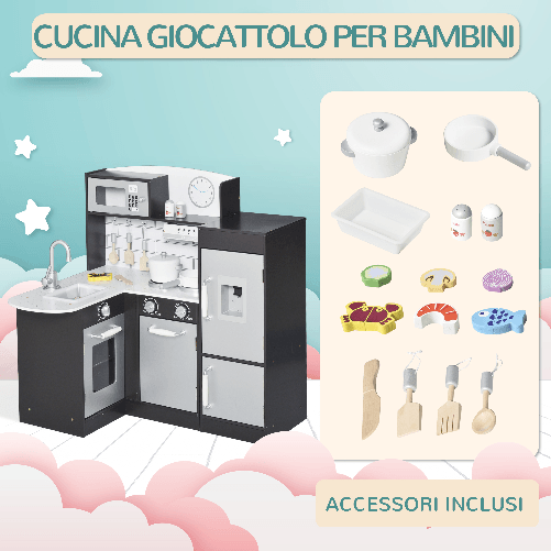 HOMCOM-Cucina-Giocattolo-per-Bambini-in-Legno-con-14-Accessori-Forno-Lavandino-Frigo-e-Microonde-Eta-3--Anni-86x64x84.5cm-Argento-e-Marrone