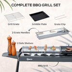 Outsunny-Barbecue-a-Carbonella-con-Griglia-e-Piastra-in-Acciaio-con-Ripiani-Laterali-113x59x83.5cm-Nero