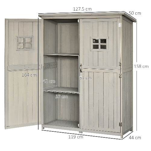 Outsunny-Casetta-da-Giardino-Legno-con-Porta-Doppia-Mensole-e-Finestre-127.5x50x164cm