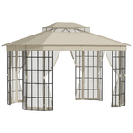 Outsunny Gazebo da Giardino con Zanzariera, Tetto a 2 Livelli e Struttura in Metallo, 3.7x3m, Beige