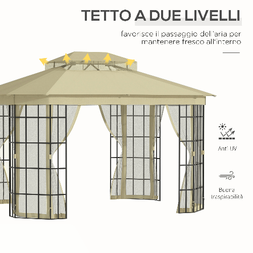 Outsunny-Gazebo-da-Giardino-con-Zanzariera-Tetto-a-2-Livelli-e-Struttura-in-Metallo-3.7x3m-Beige