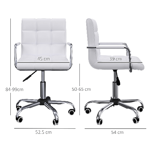 HOMCOM-Sedia-da-Ufficio-in-Similpelle-Bianca-con-5-Ruote-Girevoli-Imbottitura-e-Altezza-Regolabile-52.5x54x84-99cm