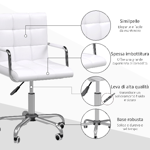 HOMCOM-Sedia-da-Ufficio-in-Similpelle-Bianca-con-5-Ruote-Girevoli-Imbottitura-e-Altezza-Regolabile-52.5x54x84-99cm