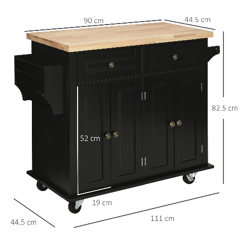 HOMCOM-Carrello-da-Cucina-Portavivande-con-Cassetti-Armadietti-e-Portaspezie-in-Legno-e-MDF-111x44.5x82.5-cm-Nero