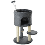 PawHut Albero Tiragraffi per Gatti con Casetta e Lettino, Pali in Sisal e Palline, 44.5x44.5x73.5cm, Grigio