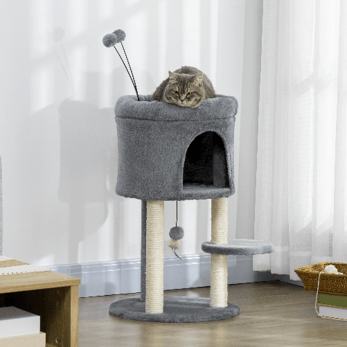PawHut-Albero-Tiragraffi-per-Gatti-con-Casetta-e-Lettino-Pali-in-Sisal-e-Palline-44.5x44.5x73.5cm-Grigio