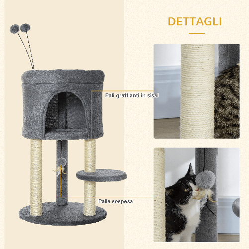 PawHut-Albero-Tiragraffi-per-Gatti-con-Casetta-e-Lettino-Pali-in-Sisal-e-Palline-44.5x44.5x73.5cm-Grigio