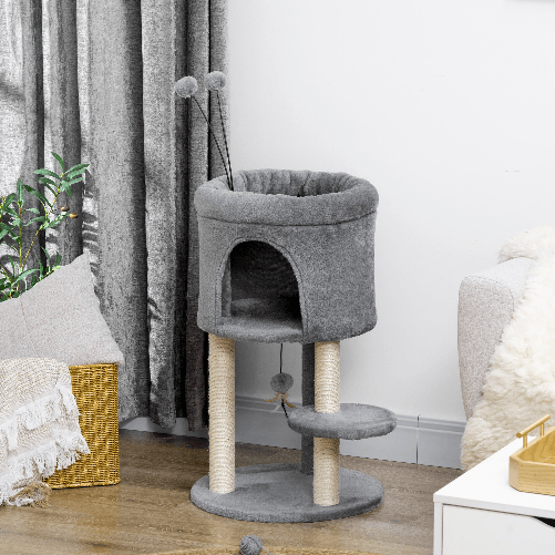 PawHut-Albero-Tiragraffi-per-Gatti-con-Casetta-e-Lettino-Pali-in-Sisal-e-Palline-44.5x44.5x73.5cm-Grigio