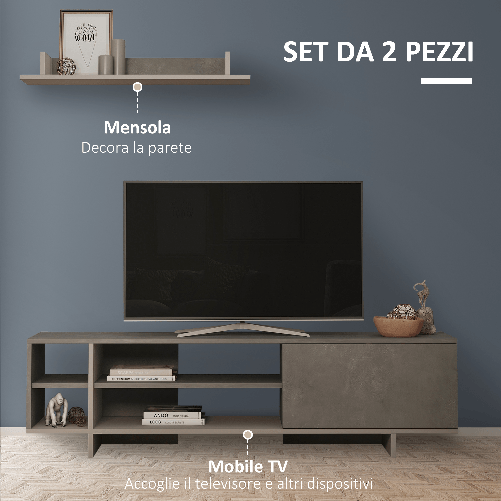 HOMCOM-Set-Mobile-Porta-TV-con-Armadietto-e-Mensola-da-Appendere-in-Legno-160x35.6x44cm-Grigio