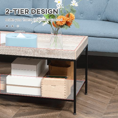 HOMCOM-Tavolino-da-Salotto-Basso-a-2-Livelli-con-Bordo-Rialzato-in-MDF-e-Metallo-100x50x46.5-cm-Color-Legno