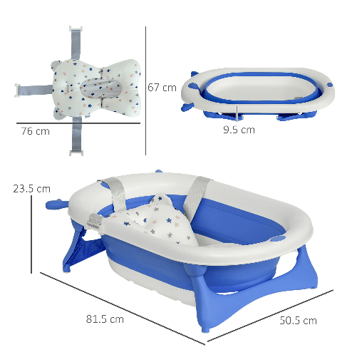 HOMCOM-Vaschetta-Bagnetto-Pieghevole-per-Bambini-0-3-Anni-con-Indicatore-di-Temperatura-e-Cuscino-81.5x50.5x23.5-cm-Blu