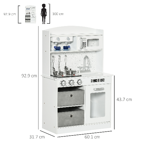 HOMCOM-Cucina-Giocattolo-per-Bambini-3-6-Anni-con-Luci-e-Accessori-Realistici-in-MDF-e-PP-60.1x31.7x92.9-cm-Bianca