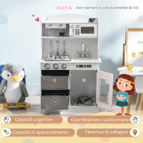 HOMCOM-Cucina-Giocattolo-per-Bambini-3-6-Anni-con-Luci-e-Accessori-Realistici-in-MDF-e-PP-60.1x31.7x92.9-cm-Bianca