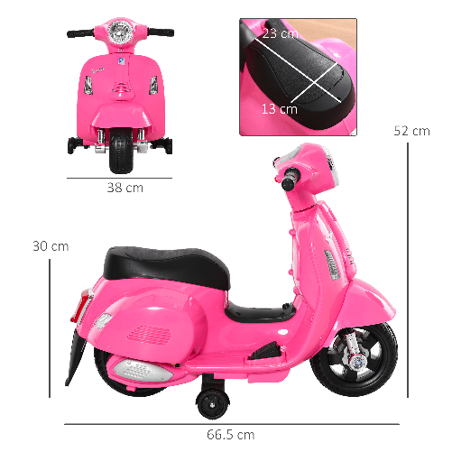 HOMCOM-Moto-Elettrica-per-Bambini-con-Licenza-Ufficiale-Vespa-Batteria-6V-Fari-e-Clacson-per-Bimbi-da-18-36-mesi-Rosa-66.5x38x52cm