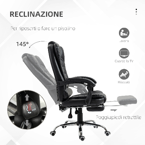 HOMCOM-Sedia-da-Ufficio-ad-Altezza-Regolabile-con-Schienale-Reclinabile-e-Poggiapiedi-64.5x69x109-117-cm-Nero