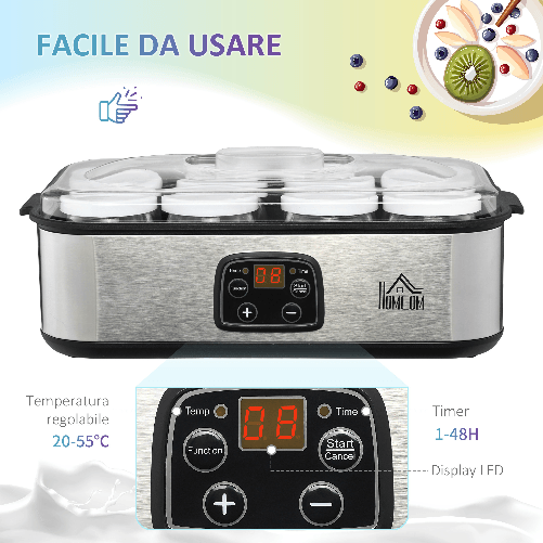 HOMCOM-Yogurtiera-Elettrica-30W-con-8-Vasetti-Inclusi-Timer-1-48-Ore-e-Temperatura-Regolabile-20-50°C-36x18.8x14cm-Argento